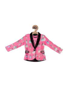Actuel Girls Pink Satin Printed Blazers with Full Sleeves Tshirt