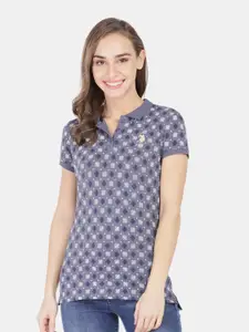 U.S. Polo Assn. Women Blue Printed Mandarin Collar T-shirt