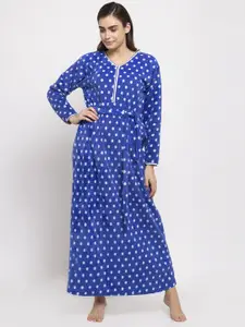 Secret Wish Women Blue & White Polk Dot Printed Maxi Length Nightdress