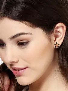 Estele Gold-Plated & Black Floral Drop Earrings
