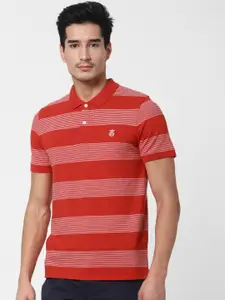 SELECTED Men Red & White Striped Polo Collar T-shirt
