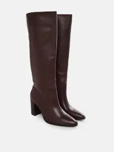 MANGO Women Burgundy Solid High-Top Block Heeled Boots