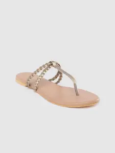 DressBerry Women Gold-Toned Braided T-Strap Flats