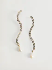 MANGO Gold-Toned & White Stone Studded & Beaded Contemporary Drop Earrings