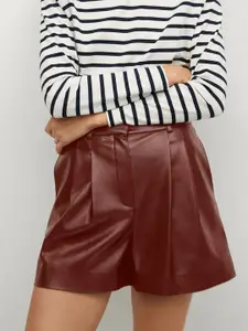 MANGO Women Brown Faux Leather Woven Shorts