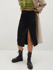MANGO Black Front Slit Knitted Straight Midi Ruched Skirt