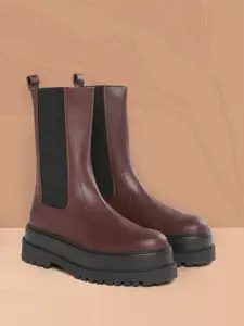 MANGO Women Burgundy Solid Leather High-Top Flatform Heeled Boots