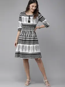 Anouk White & Black Ethnic Motifs Printed Pure Cotton Gathered A-Line Dress with Pocket