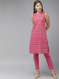 Anouk Women Pink Ikat Printed Straight Kurta