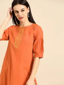 Anouk Women Rust Orange Pure Cotton Yoke Design Kurta