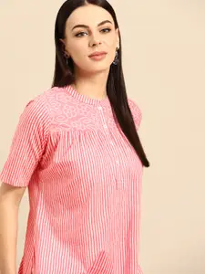 Anouk Pink & White Striped Pure Cotton Striped Straight Kurta