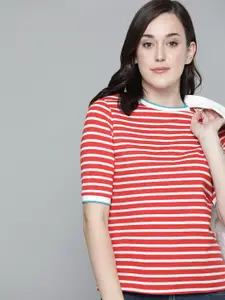 Harvard Women Red  White Striped Round Neck Pure Cotton T-shirt