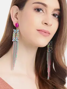 YouBella Multicoloured Stone-Studded Tasselled Geometric Drop Earrings