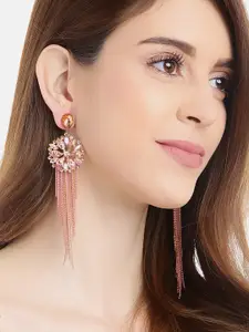 YouBella Peach-Coloured & Gold-Toned Stone-Studded Tasselled Floral Drop Earrings