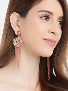 YouBella Peach-Coloured & Gold-Toned Stone-Studded Tasselled Floral Drop Earrings