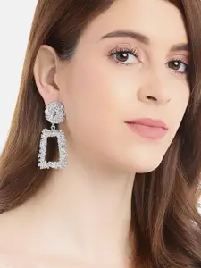 YouBella Silver-Toned Textured Geometric Drop Earrings