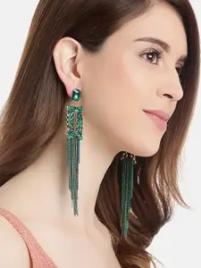 YouBella Green Artificial Stone Studded Geometric Tasselled Drop Earrings