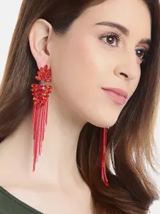 YouBella Red & Pink Stone Studded Taselled Contemporary Drop Earrings