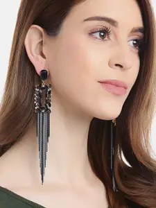 YouBella Black & Grey Artificial Stone Studded Tasselled Geometric Drop Earrings