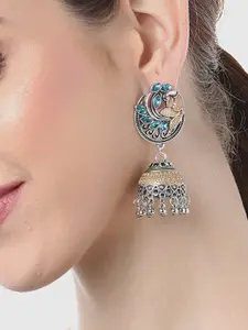 YouBella Blue & Gold-Toned Silver-Plated Stone Studded Peacock & Dome Shaped Jhumkas