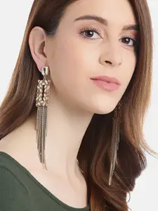 YouBella Brown & Silver-Toned Artificial Stone Studded Geometric & Tasselled Drop Earrings