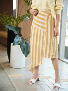 AND Women Yellow & White Striped Asymmetric A-Line Skirt