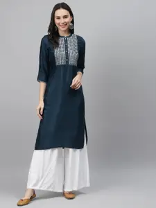 AURELIA Women Navy Blue Yoke Design Straight Kurta