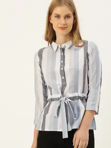 AND White & Blue Striped Waist Tie-Up Shirt Style Top
