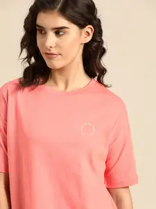 ether Women Pink Solid Pure Cotton T-shirt with Printed Detail