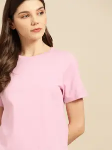 ether Women Pink Pure Cotton Solid Round Neck T-shirt