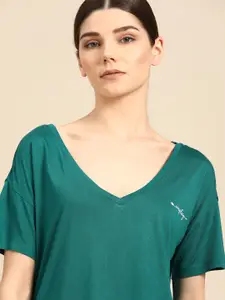 ether Women Teal Green Solid Pure Cotton V-Neck Pure Cotton T-shirt