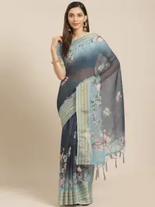 Saree mall Blue & Pink Floral Print Ombre Effect Saree