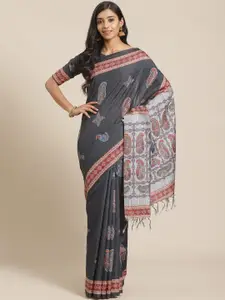 Saree mall Charcoal Grey & Pink Paisley Print Saree