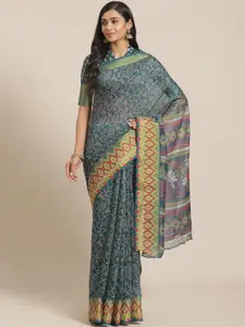 Saree mall Teal Blue & Beige Brasso Floral Print Saree