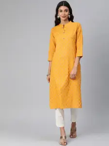 Blissta Women Mustard Yellow Woven Design Straight Kurta