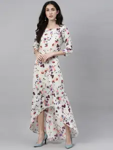 Shubhangini Fashion Women White & Pink Floral Printed High-Low Maxi Dress