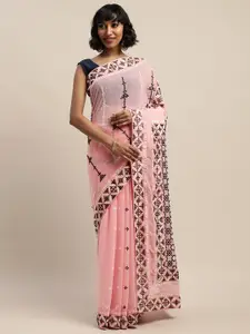 Mitera Pink & Black Pure Georgette Embroidered Saree