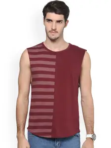 Hypernation Maroon Striped Sleeveless Pure Cotton T-shirt
