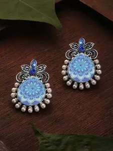 Rubans Silver-Toned & Blue Contemporary Drop Earrings