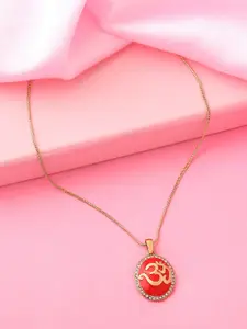 Estele Gold-Plated & Red Enamelled Om Pendant With Chain
