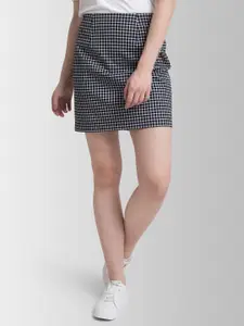 FableStreet Black & White Checked Twill Pleated Mini Pencil Skirt
