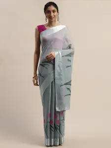 Varanga Grey & Pink Linen Blend Floral Printed Saree