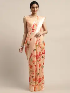 Varanga Peach-Coloured & Orange Floral Printed Saree