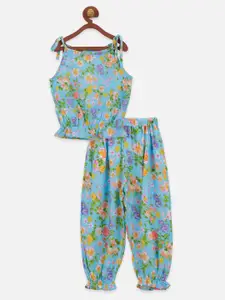 LilPicks Girls Blue & Green Printed Top with Trousers