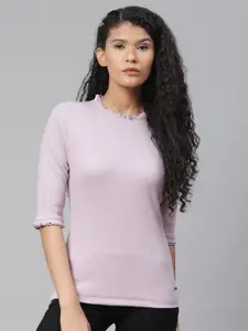 The Roadster Lifestyle Co Lavender Ribbed Regular Top with Lettuce Edge