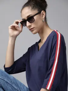 The Roadster Lifestyle Co Women Navy Blue Pure Cotton Solid V-Neck Drop-Shoulder Sleeves T-shirt
