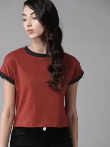 The Roadster Lifestyle Co Women Rust Brown Solid Cotton Round Neck Crop T-shirt