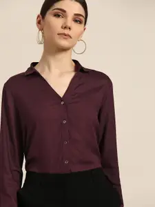 her by invictus Women Burgundy Regular Fit Solid Casual Shirt