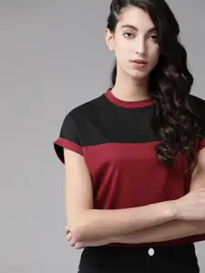 The Roadster Lifestyle Co Women Maroon  Black Colourblocked Round Neck Crop T-shirt