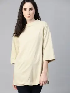 The Roadster Lifestyle Co Women Cream-Coloured Drop-Shoulder Sleeves Pure Cotton Longline Boxy Pure Cotton T-shirt
